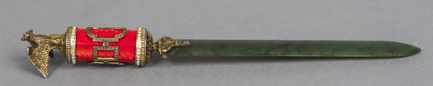 A Russian silver gilt mounted and diamond set enamelled and spinach jade letter opener with 925