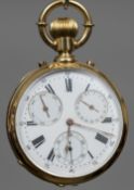 A French 18 ct gold multi-dial pocket watch The white enamelled dial with Arabic and Roman numerals