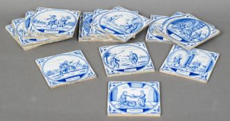 Sixteen early Delft blue and white tiles Each depicting various religious scenes. Each 12.