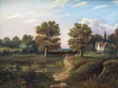 ENGLISH SCHOOL (19th century) Figures on Path in a Rural Landscape Oil on canvas Unsigned 41 x 30