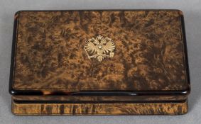 A Near Eastern gold mounted diamond set tortoiseshell lined burrwood snuff box The rectangular