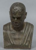 A 19th century cast iron bust Modelled as a pensive gentleman. 50 cm high.