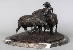 A patinated bronze animalier group Modelled as a small herd of sheep,