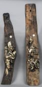 A pair of Japanese carved bone mounted and mother-of-pearl inset wood wall plaques Each worked with