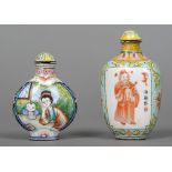 Two Chinese enamelled snuff bottles and stoppers Both worked with figural vignettes,