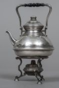 An Italian silver miniature tea kettle on stand and burner with 800 purity mark and maker's mark