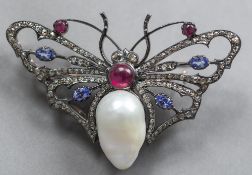 A yellow metal and silver, pearl, diamond and gem set butterfly brooch,