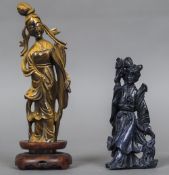 A Chinese carved tiger's eye model of Guanyin Together with another carved hardstone figure,