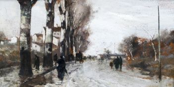 GUISEPPE DE NITTIS (1846-1884) Italian Figures in a Rainy Street Scene Oil on board Signed 42.