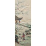 CHINESE SCHOOL (19th/20th century) Figures in Landscapes Before a Pagoda Watercolour and bodycolour