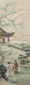 CHINESE SCHOOL (19th/20th century) Figures in Landscapes Before a Pagoda Watercolour and bodycolour