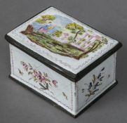 An 18th century enamel box and cover Worked with a pastoral scene and floral sprays. 9 cm wide.