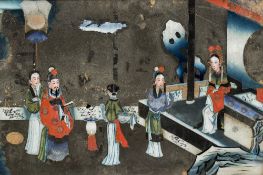 A Chinese reverse glass painted mirrored picture Worked with figures in an interior, framed.