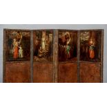 A 19th century four fold leather covered screen Each top section painted with a vignette of various