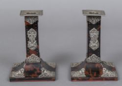 A pair of Victorian silver mounted tortoiseshell candlesticks, hallmarked London 1893,