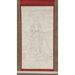 An Oriental scroll picture depicting Buddha Standing on a cloud,