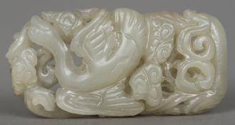 A Chinese carved and pierced white jade pendant Worked with a goose. 5.5 cm long.