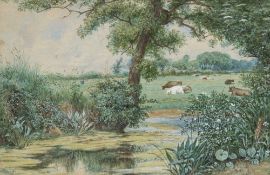 J T W (19th/20th century) British Cattle at Rest in River Landscapes Watercolours Signed with