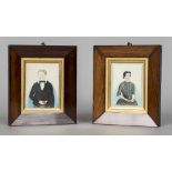 A pair of early 19th century rosewood framed naive watercolour portraits One depicting a young boy