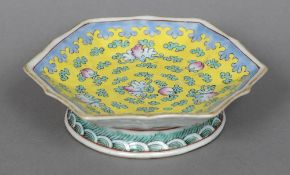 A Chinese porcelain yellow ground low tazza Decorated with floral sprays and a blue lappet border,