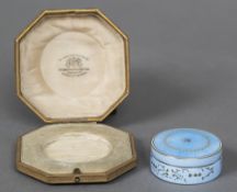 A 19th century Continental gold inlaid and diamond set enamel box and cover Of circular section,