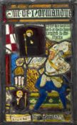 An antique stained glass panel titled Duc de Normandye Inscribed By The Honour Giving Hand of the