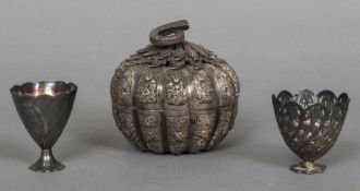 An Ottoman silver box and cover Formed as a pumpkin; together with two Ottoman silver zarfs,