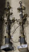 A pair of bronze and brass lamps
