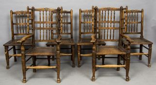 A set of six 19th century ash, oak and beech bar and stick back chairs, including two with arms,