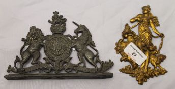 An 18th/19th century lead royal coat-of-arms and a gilt metal furniture mount