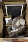Leather frames, bookslide, two barometers, vintage pens, timepiece,