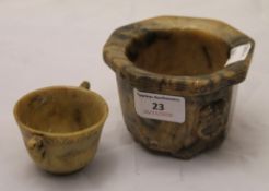 A Chinese carved soapstone wine cup and a carved soapstone jardiniere