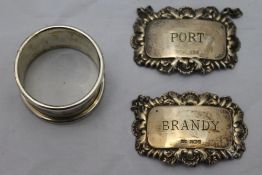 Two silver decanter labels 'BRANDY', Birmingham 1975 and 'PORT', Birmingham 1974,