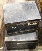 Three vintage black painted tin trunks,