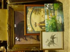 A gilt framed racing print and three other pictures