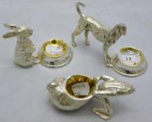 Three silver plated salts each formed as an animal