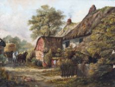S H POWNING (19th century) British Hay Cart Before a Rural Thatched Cottage Oil on canvas Signed