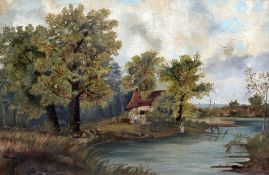 ENGLISH SCHOOL (19th/20th century) Figures Before a Cottage in a Rural River Landscape Oil on