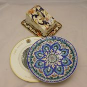 A Mason's cheese dish and two decorative plates