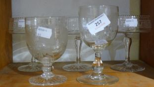 Three Greek key engraved sundae glasses,