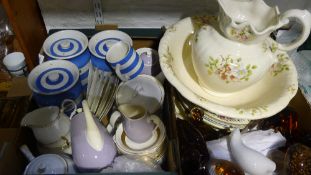 Two boxes of miscellaneous china and glass including paperweights