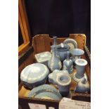 A selection of blue and white Jasper ware to include a clock, vases, trinket boxes,