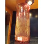 A Isle of Wight glass pink 'Azurene' pattern cylindrical vase with flared rim and label to base