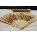 A Victorian ivory handled fan with hand painted figural scene, signed 'Kathleen' and dated 1891,