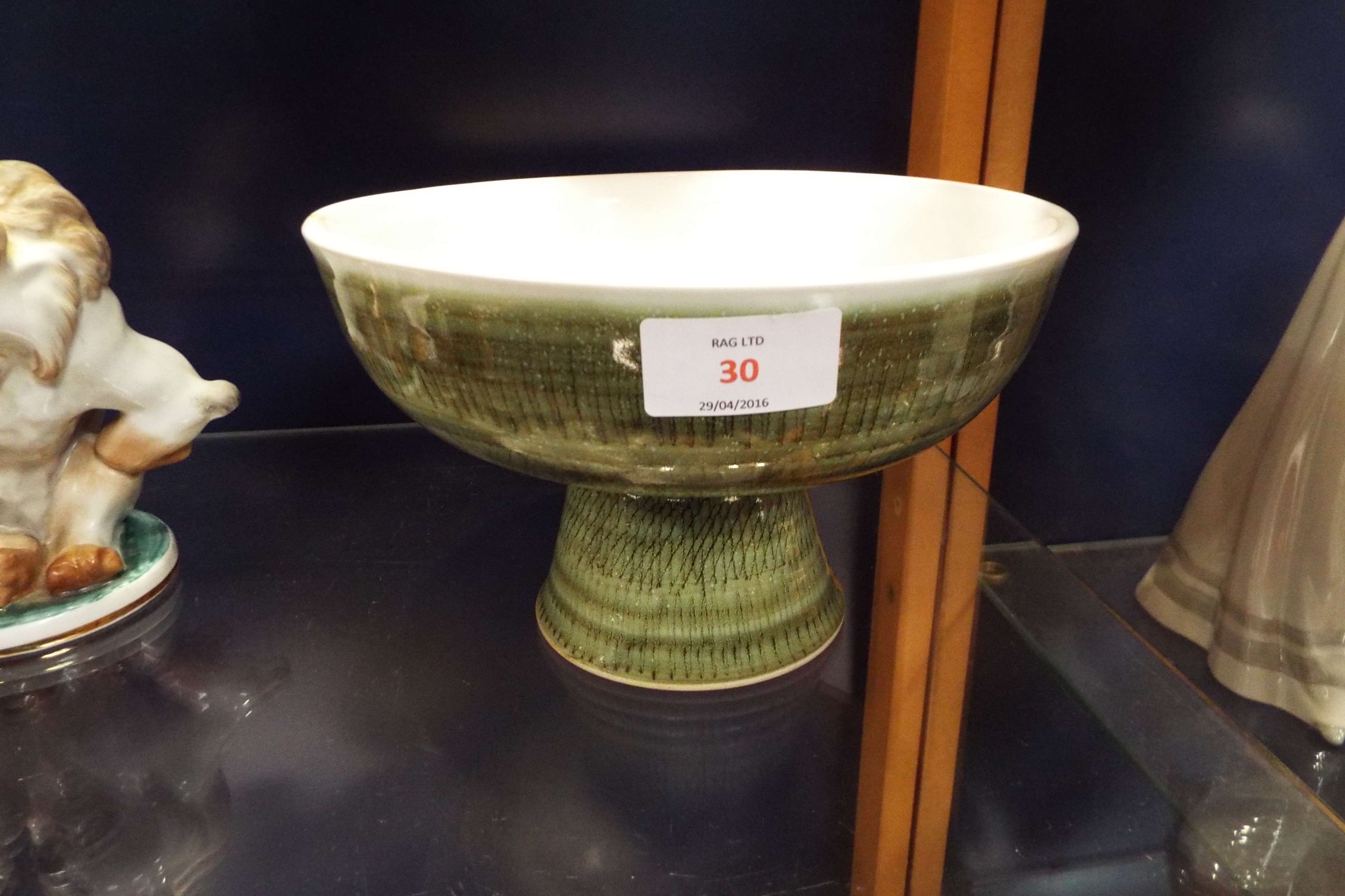 A Rye Pottery mushroom bowl by Pam Goddard with sgraffito green glaze