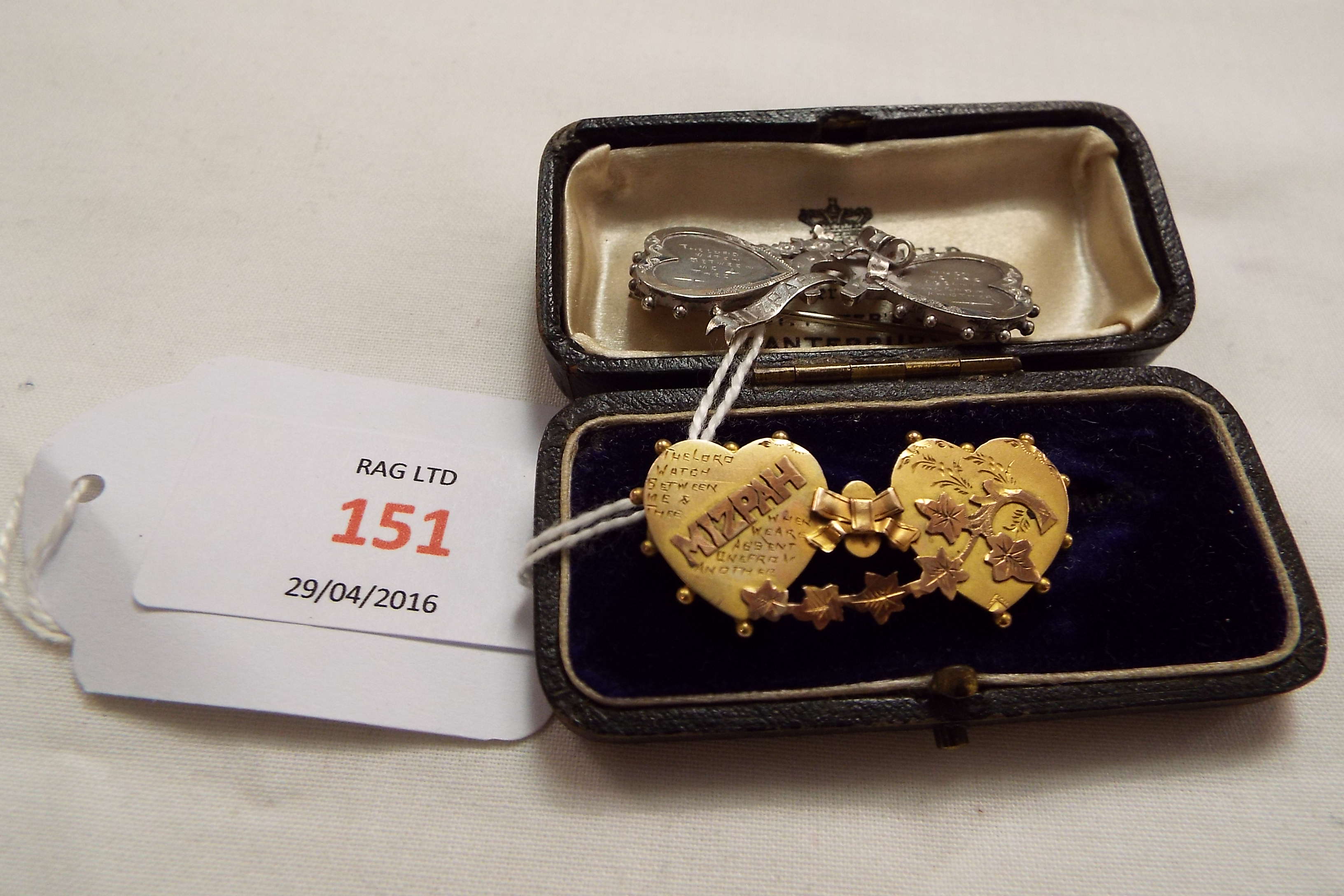 Two antique 'Mizpah' sweetheart brooches;