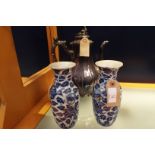 A pair of Chinese floral decorated twin handled vases and a James Dixon & Sons silver plated coffee