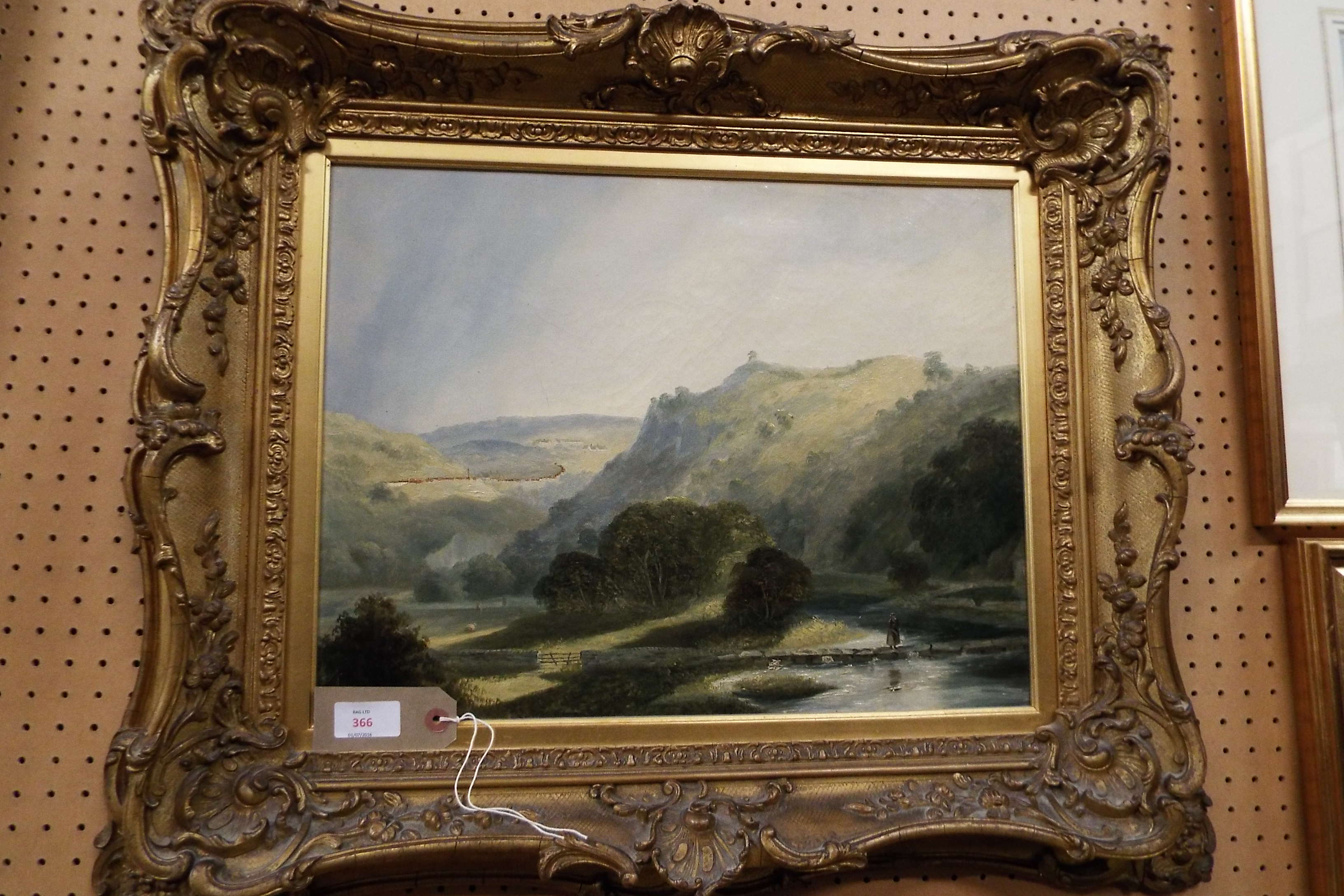 A 19thC oil on canvas landscape scene with river in valley to foreground and hills beyond,