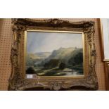 A 19thC oil on canvas landscape scene with river in valley to foreground and hills beyond,