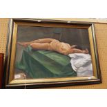 MARY ASHBY 'Nude on a green divan' oil on board study of a reclining female,